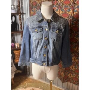 Denim Jacket Rhinestone Embellished Gold Button Up Cropped Jean Jacket ptp 20